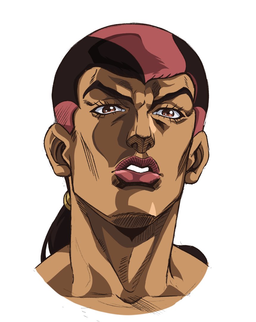1boy araki_hirohiko_(style) brown_eyes brown_hair grandguerrilla jojo_no_kimyou_na_bouken looking_at_viewer male_focus multicolored_hair official_style parted_lips pink_hair portrait sandman_(sbr) simple_background solo steel_ball_run two-tone_hair white_background