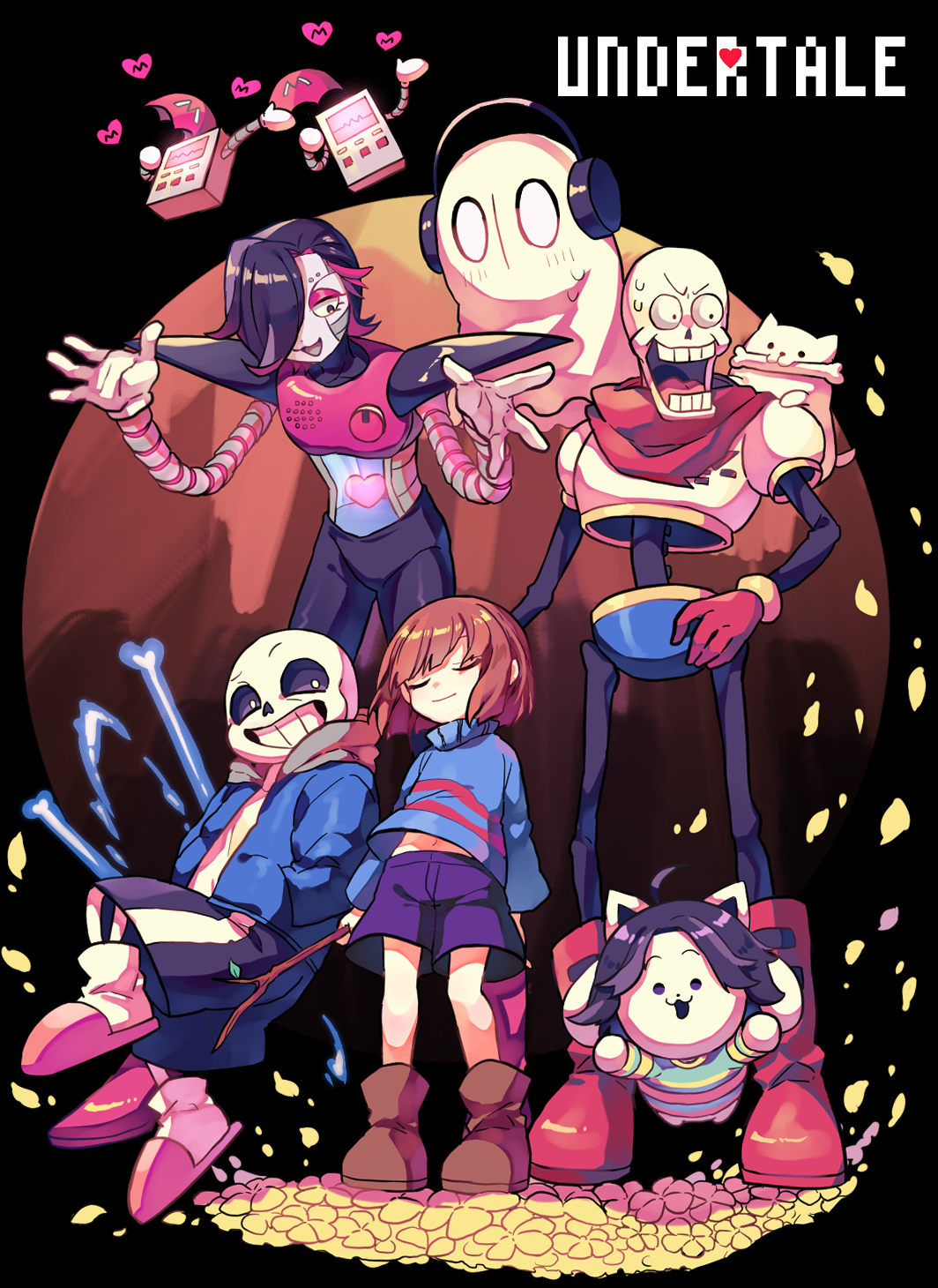 1other 3boys :3 angry annoying_dog black_background black_eyes blank_eyes blue_jacket blue_sweater bone brown_footwear brown_hair closed_eyes closed_mouth copyright_name frisk_(undertale) full_body grin hair_over_one_eye headphones highres holding holding_stick hood hooded_jacket jacket mettaton mettaton_ex midriff_peek mouth_hold multiple_boys nagatsukiariake napstablook open_mouth papyrus_(undertale) petals pink_slippers red_footwear sans_(undertale) short_hair skeleton slippers smile solid_circle_eyes stick sweater temmie undertale