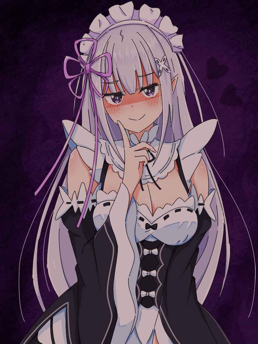 1girl black_sleeves blush borrowed_clothes breasts cleavage closed_mouth cowboy_shot detached_sleeves dress elf emilia_(re:zero) finger_to_mouth hair_ornament hair_ribbon hand_up heart highres kaedemarine large_breasts long_hair maid_headdress pointy_ears purple_eyes purple_ribbon re:zero_kara_hajimeru_isekai_seikatsu ribbon roswaal_mansion_maid_uniform sleeveless sleeveless_dress solo white_hair x_hair_ornament