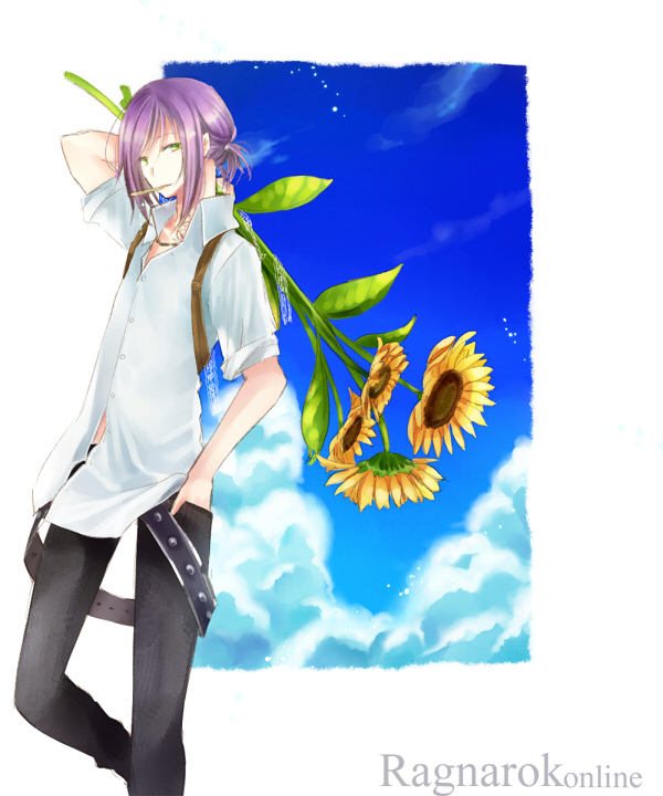 1boy belt black_belt black_pants blacksmith_(ragnarok_online) blue_sky border buttons cigarette closed_mouth cloud collared_shirt commentary_request copyright_name day feet_out_of_frame flower green_eyes hand_in_pocket holding holding_flower looking_at_viewer loose_belt male_focus outside_border pants pointy_ears purple_hair ragnarok_online shirt short_hair short_sleeves sky smile solo studded_belt sunflower wane_(ruki) white_border white_shirt yellow_flower