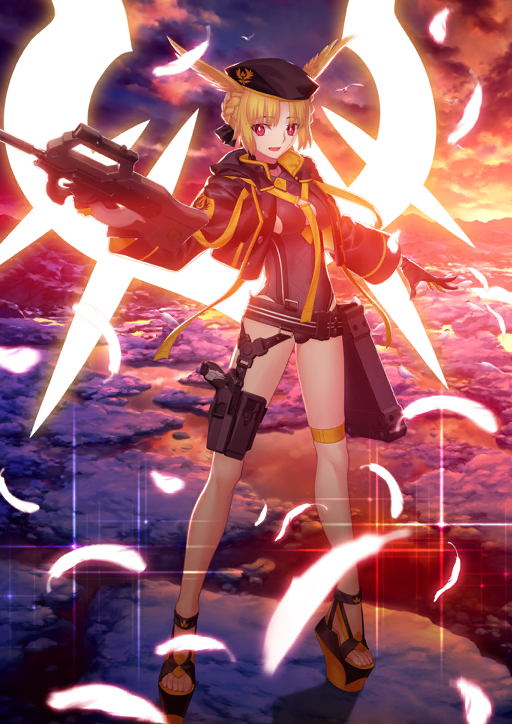 1girl :d belt beret black_belt black_gloves black_hat black_jacket black_one-piece_swimsuit black_ribbon black_sandals blonde_hair breasts bright_pupils bun_with_braided_base cleavage_cutout clothing_cutout cloud collared_jacket cropped_jacket falling_feathers fate/grand_order fate_(series) feathers full_body game_cg gloves glowing glowing_feather glowing_wings gun hair_ribbon hair_wings hand_up hat holding holding_gun holding_weapon jacket large_variant_set legs_apart long_sleeves looking_at_viewer medium_breasts official_art one-piece_swimsuit open_clothes open_jacket open_mouth outstretched_arms parted_bangs platform_sandals popped_collar pouch red_eyes ribbon rindr_(fate) sandals short_hair side_cutout sidelocks smile solo sparkle standing sunlight sunset swimsuit swimsuit_under_clothes takeuchi_takashi thigh_pouch thigh_strap third-party_source toes valkyrie_(fate) variant_set weapon weapon_request white_pupils wings