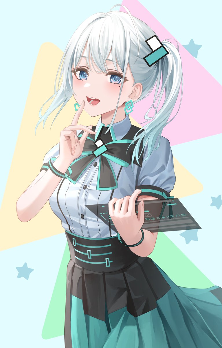 1girl ahoge alternate_hair_color black_bow black_bowtie black_skirt blue_eyes bow bowtie bracelet collared_shirt commentary_request earrings eyelashes fujizarashi green_skirt grey_hair high-waist_skirt highres holographic_touchscreen index_finger_raised irodori_mora jewelry long_skirt looking_at_viewer mole mole_under_eye open_mouth pleated_skirt shirt short_sleeves skirt solo two-tone_skirt underbust virtual_youtuber white_shirt wondershare_filmora