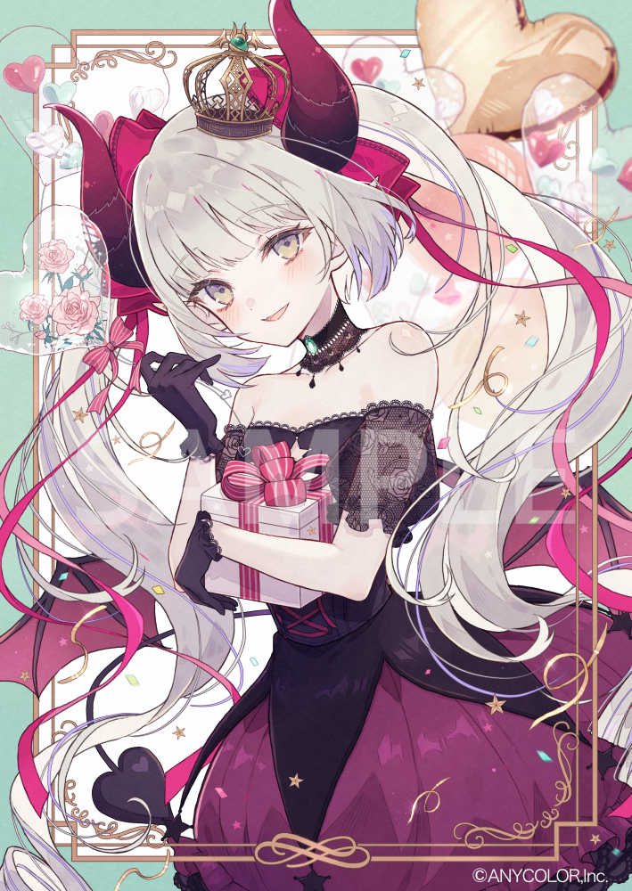 1girl :d balloon bare_shoulders black_dress black_gloves blush bow box breasts cleavage_cutout clothing_cutout collar copyright_name crown cutout demon_girl demon_horns demon_tail demon_wings detached_collar dot_nose dress drill_hair emma_august emma_august_(4th_costume) frilled_dress frills gift gift_box gloves green_background grey_hair hair_bow heart heart_balloon holding horns lace lace-trimmed_collar lace_trim long_hair looking_at_viewer mini_crown nijisanji official_art open_mouth pink_bow pointy_ears sample_watermark satsuki_(miicat) simple_background small_breasts smile solo star_(symbol) star_cutout tail tilted_headwear twin_drills twintails two-tone_dress very_long_hair virtual_youtuber watermark wings yellow_eyes