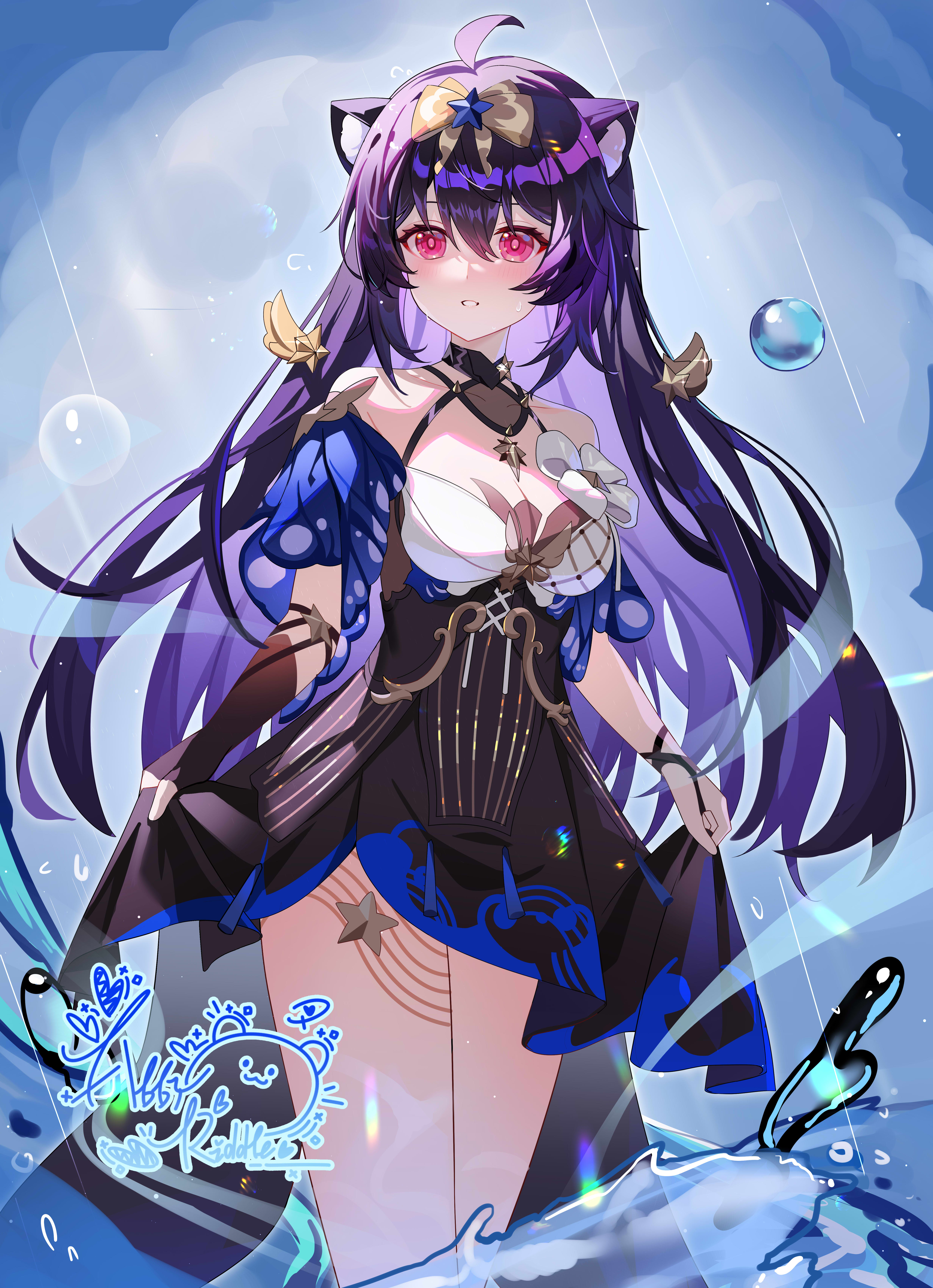 1girl abby_riddle absurdres ahoge animal_ears bare_shoulders black_dress black_hair bow breasts cat_ears chinese_commentary cleavage commentary commentary_request dress english_commentary feet_out_of_frame hair_between_eyes hair_bow hair_ornament highres honkai_(series) honkai_impact_3rd long_hair looking_to_the_side medium_breasts mixed-language_commentary multicolored_dress parted_lips red_eyes seele_(alter_ego) seele_vollerei seele_vollerei_(magic_girl_seele) seele_vollerei_(starchasm_nyx) signature skirt_hold solo wading water