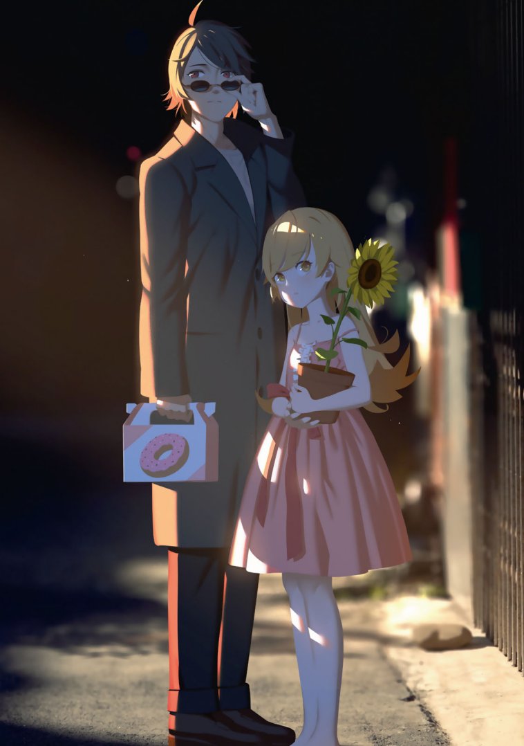 1boy 1girl ahoge araragi_koyomi bakemonogatari black_coat black_hair blonde_hair brown_footwear coat commentary donut donut_print dress english_commentary flower food food_print holding holding_plant leon_the_professional long_hair monogatari_(series) official_art oshino_shinobu pastry_box pink_dress plant potted_plant sunflower sunglasses third-party_source vofan