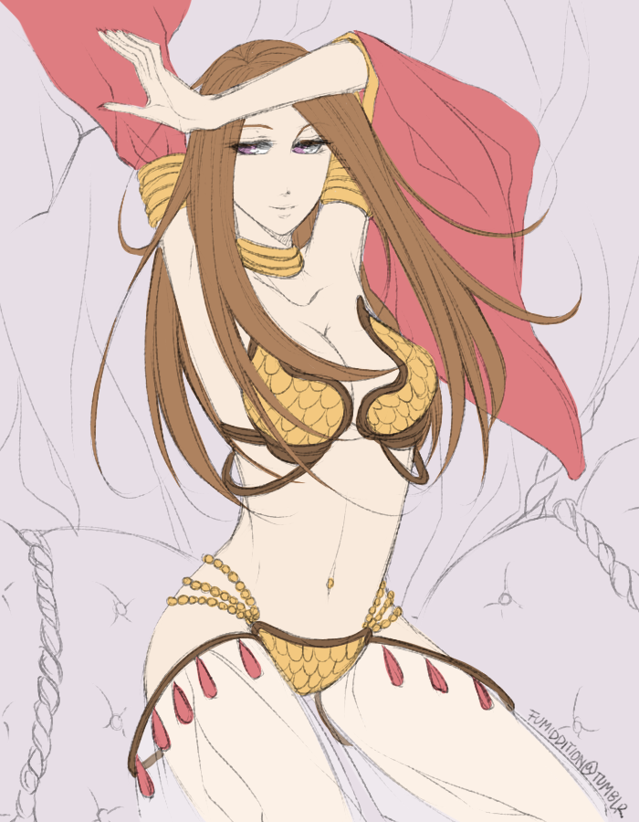 1girl armpits arms_up bikini breasts brown_hair cleavage closed_mouth commentary cowboy_shot detached_sleeves english_commentary fumiddition grey_background gypsy_(ragnarok_online) harem_pants large_breasts long_hair looking_at_viewer pants purple_eyes ragnarok_online red_sleeves smile solo swimsuit watermark web_address white_pants yellow_bikini