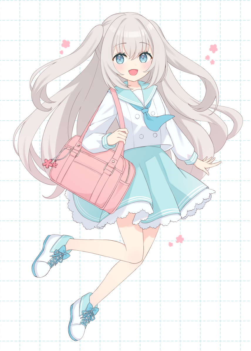 1girl aqua_sailor_collar aqua_skirt bag bag_charm blue_eyes blue_necktie charm_(object) commentary fang frilled_skirt frills full_body furutori grey_hair hair_between_eyes jumping long_hair long_sleeves looking_at_viewer necktie open_mouth original pink_bag sailor_collar school_bag school_uniform shirt shoes shoulder_bag sidelocks skirt smile sneakers solo symbol-only_commentary two_side_up very_long_hair white_background white_shirt white_shoes