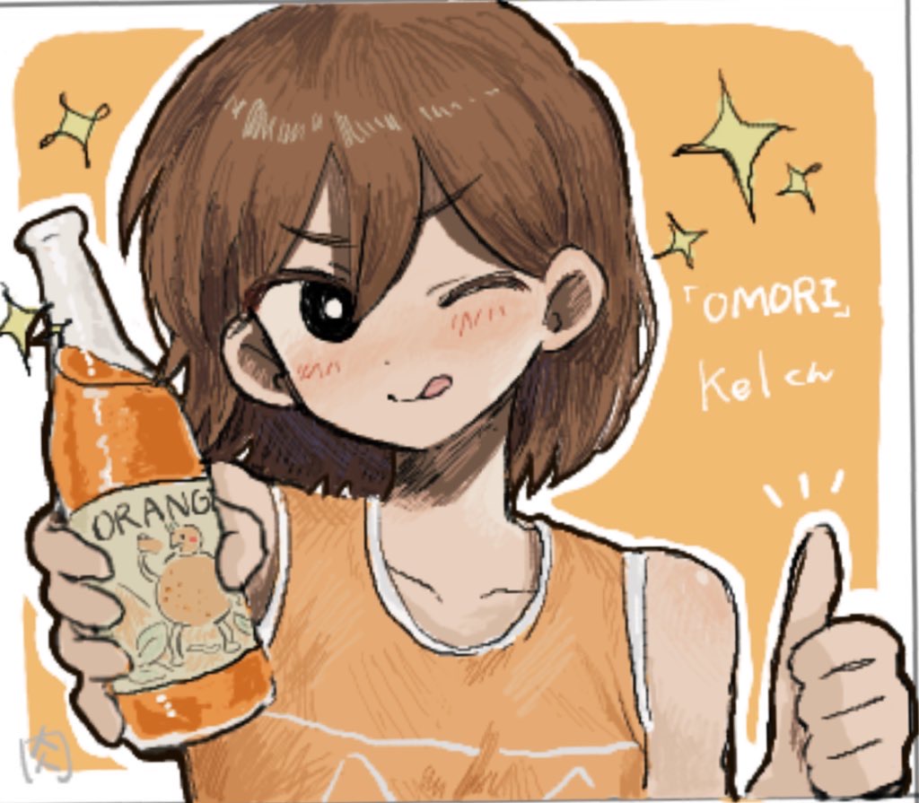 1boy ;q anko_(user_uaaw2357) bare_shoulders black_eyes blush border bottle bright_pupils brown_hair character_name commentary_request copyright_name dot_nose double-parted_bangs foreshortening glass_bottle hair_behind_ear hair_between_eyes hatching_(texture) holding holding_bottle juice kel_(faraway)_(omori) kel_(omori) male_focus notice_lines omori one_eye_closed orange_background orange_joe_(omori) orange_juice orange_tank_top outline outside_border short_hair simple_background solo sparkle tank_top thumbs_up tongue tongue_out upper_body v-shaped_eyebrows white_border white_outline white_pupils white_trim