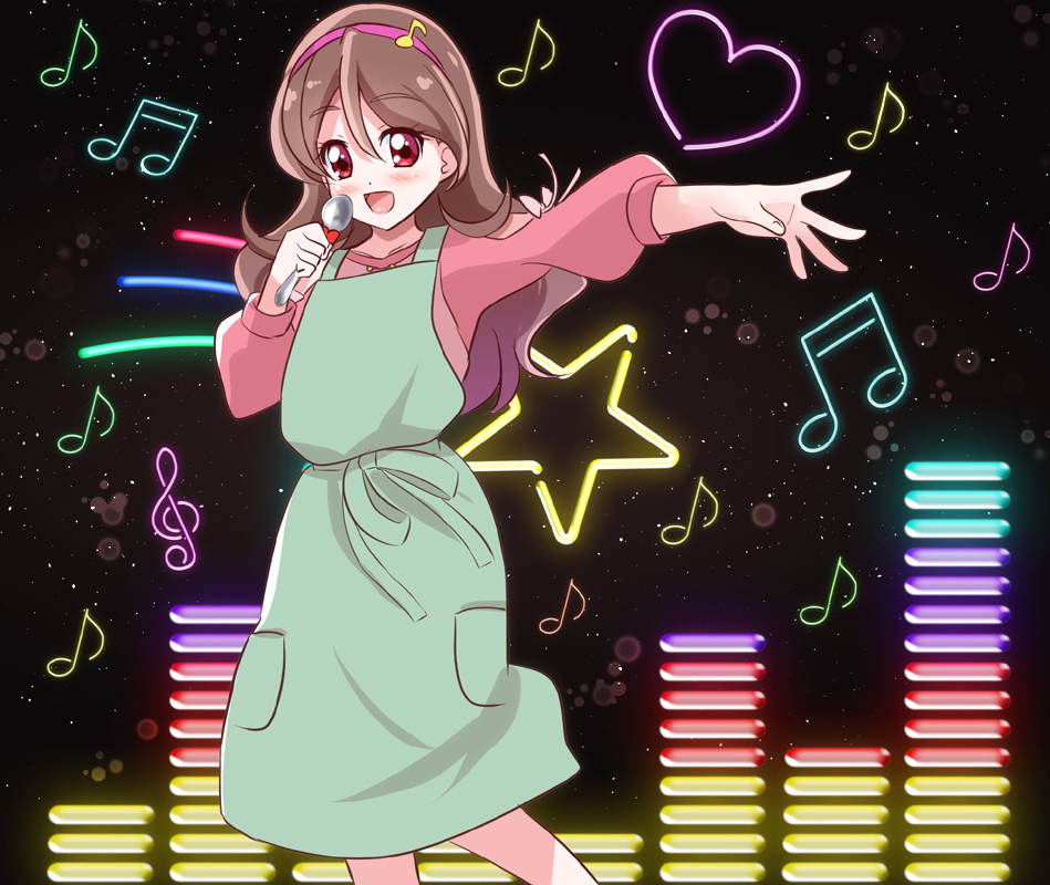 1girl blush brown_hair commentary_request dress fortissimo green_dress hair_ornament hairband holding kimi_to_idol_precure long_hair long_sleeves mitumi_mira musical_note musical_note_hair_ornament open_mouth pink_hairband precure red_eyes red_shirt sakura_uta_(precure) shirt sleeveless sleeveless_dress smile solo