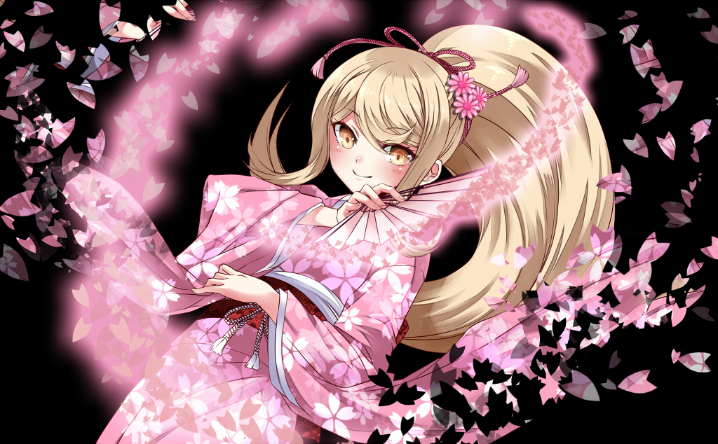 1girl black_background blonde_hair blush closed_mouth commentary_request danganronpa_(series) danganronpa_2:_goodbye_despair eyelashes flower hair_flower hair_ornament hand_fan holding holding_fan japanese_clothes kaikai kimono long_hair official_alternate_costume official_alternate_hairstyle pink_flower pink_kimono pink_petals ponytail saionji_hiyoko smile solo variant_set yellow_eyes