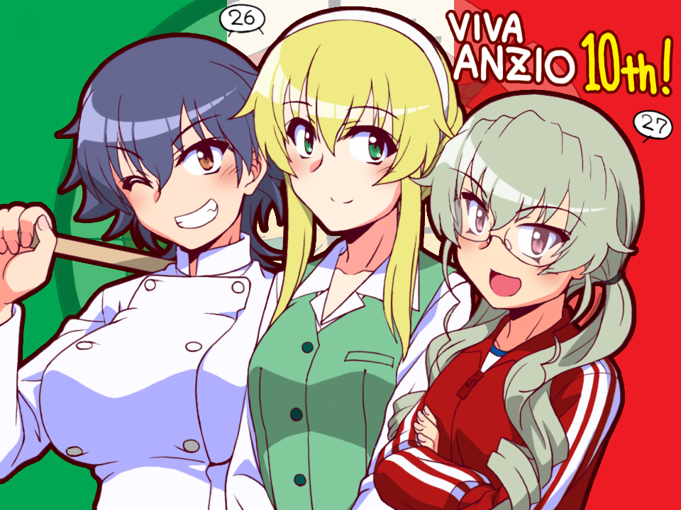 3girls alternate_hairstyle anchovy_(girls_und_panzer) black_hair blonde_hair brown_eyes carpaccio_(girls_und_panzer) chef commentary_request cosplay crossed_arms dress_shirt drill_hair flag_background girls_und_panzer glasses green_eyes green_hair green_vest grin hair_down hair_tie hairband hayami_saori holding italian_flag jacket long_hair looking_at_viewer low_twintails multiple_girls one_eye_closed oosaka_kanagawa open_mouth over_shoulder partial_commentary pepperoni_(girls_und_panzer) red_eyes red_jacket rimless_eyewear shirt side-by-side sidelocks smile spy_x_family track_jacket twintails vest voice_actor_connection white_hairband white_jacket white_shirt wing_collar yor_briar yor_briar_(cosplay)