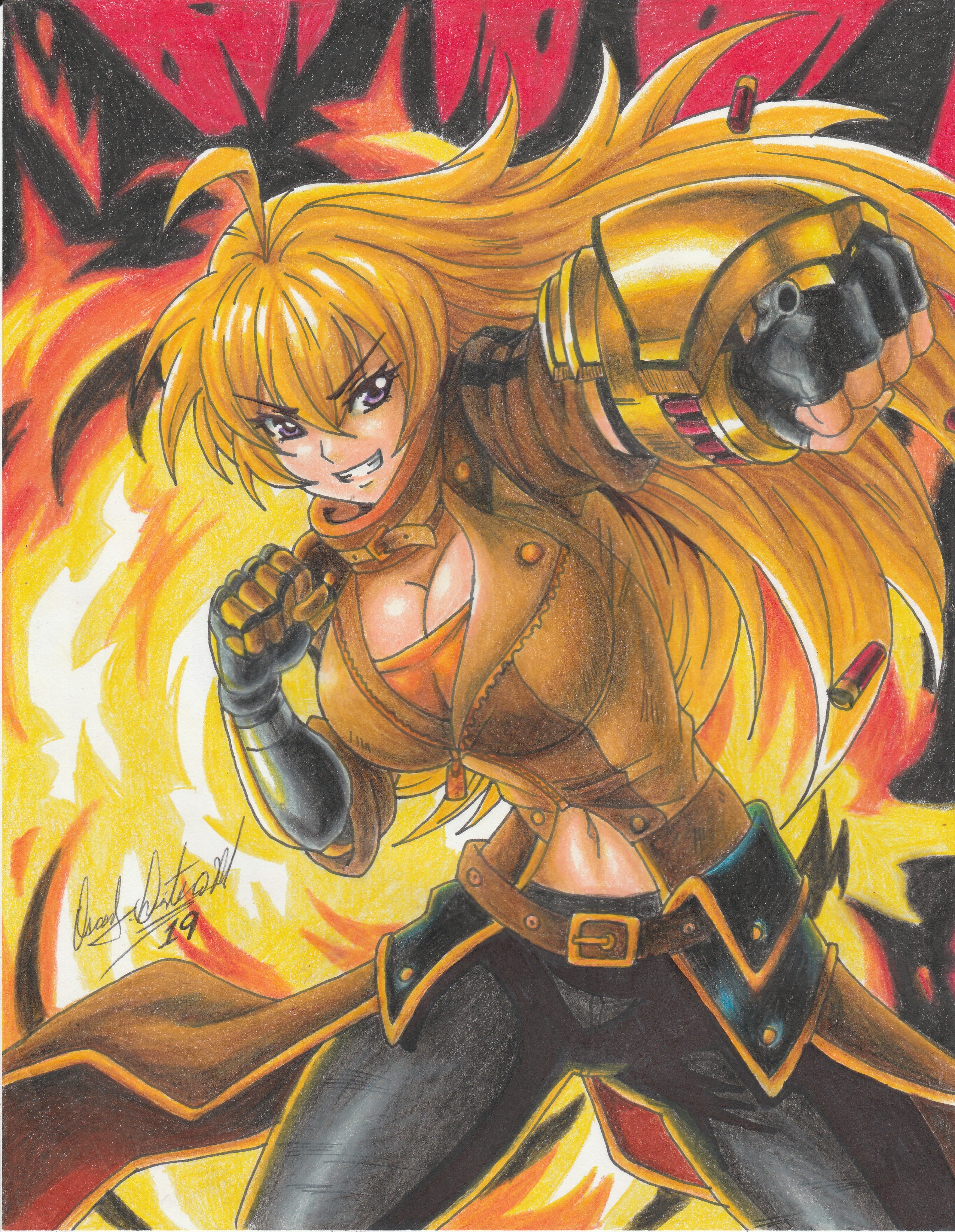 1girl 2019 absurdres ahoge antenna_hair belt belt_buckle black_gloves black_pants blonde_hair breasts brown_jacket buckle bullet cleavage ember_celica_(rwby) female_focus fingerless_gauntlets fingerless_gloves fire gloves gun hair_between_eyes highres jacket large_breasts long_hair midriff_peek navel orange_shirt pants purple_eyes ravernclouk_design rwby shirt solo teeth traditional_media wavy_hair weapon yang_xiao_long zipper