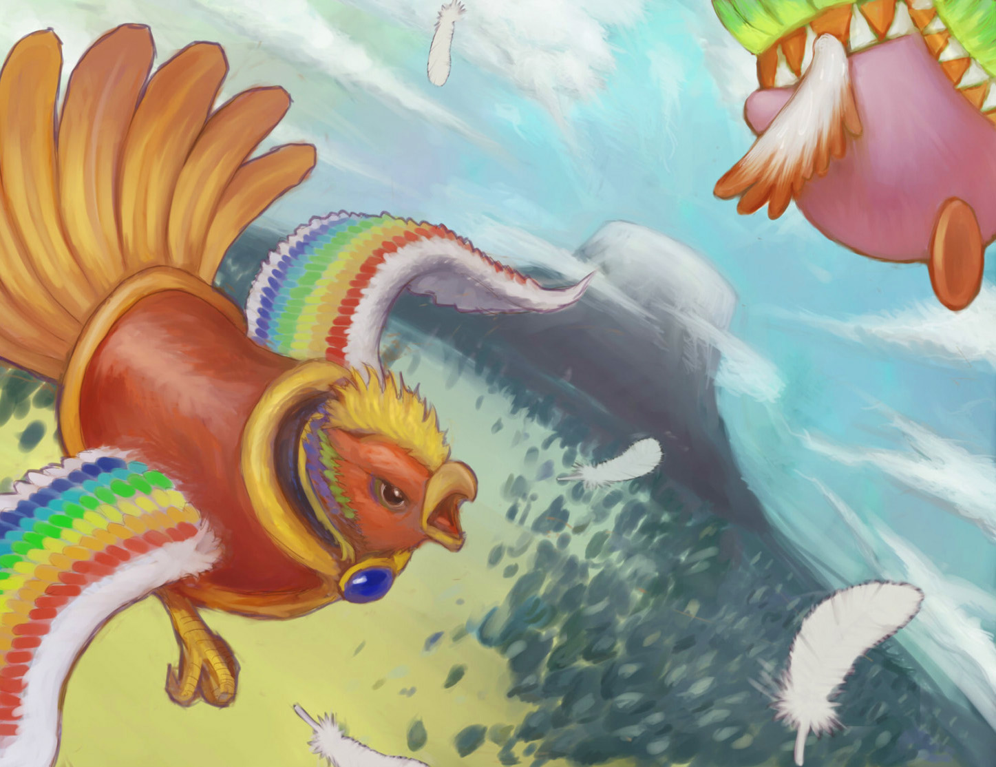 animal bird black_eyes blue_sky cloud dyna_blade feathers flying full_body headdress hisakichi kirby kirby_(series) kirby_super_star mountain native_american_headdress nintendo no_humans open_mouth outdoors sky white_feathers