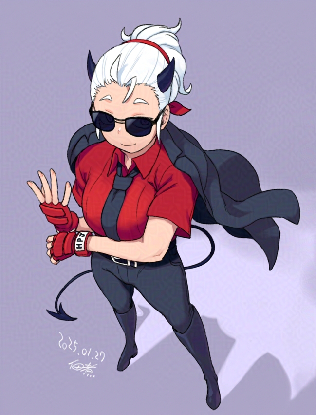 1girl adjusting_clothes adjusting_gloves black_boots black_horns black_jacket black_necktie black_pants black_tail boots breasts collared_shirt commentary_request dated demon_girl demon_horns demon_tail fingerless_gloves from_above full_body gloves hair_tie helltaker horns jacket jacket_on_shoulders justice_(helltaker) necktie pants red_gloves red_shirt shirt short_hair short_sleeves signature smile solo sunglasses tail tsukudani_(coke-buta) white_hair