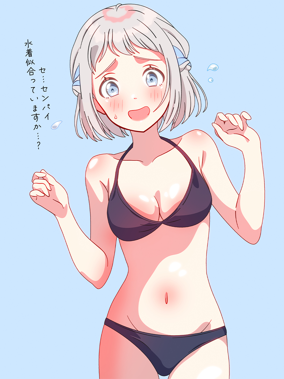 1girl :d alternate_costume bare_shoulders bikini black_bikini blue_background blue_ribbon braid breasts cleavage collarbone commentary cowboy_shot embarrassed flying_sweatdrops gakuen_idolmaster grey_hair hair_ribbon highres idolmaster katsuragi_lilja leaning_to_the_side medium_breasts navel nervous_smile open_mouth raised_inner_eyebrows ribbon ribbon_braid shinonome_sakura short_hair simple_background smile solo stomach string_bikini swimsuit translation_request