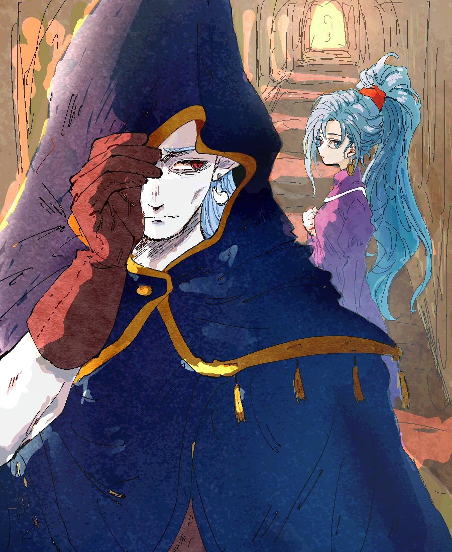 1boy 1girl amakekke blue_eyes blue_hair blue_robe breasts brother_and_sister brown_gloves chrono_trigger dress earrings gloves gold_earrings hair_tie hand_on_own_chest hood hood_up hooded_robe jewelry juliet_sleeves long_hair long_sleeves looking_at_another magus_(chrono_trigger) medium_breasts pale_skin ponytail puffy_sleeves purple_dress red_eyes robe schala_zeal siblings tooth_earrings upper_body