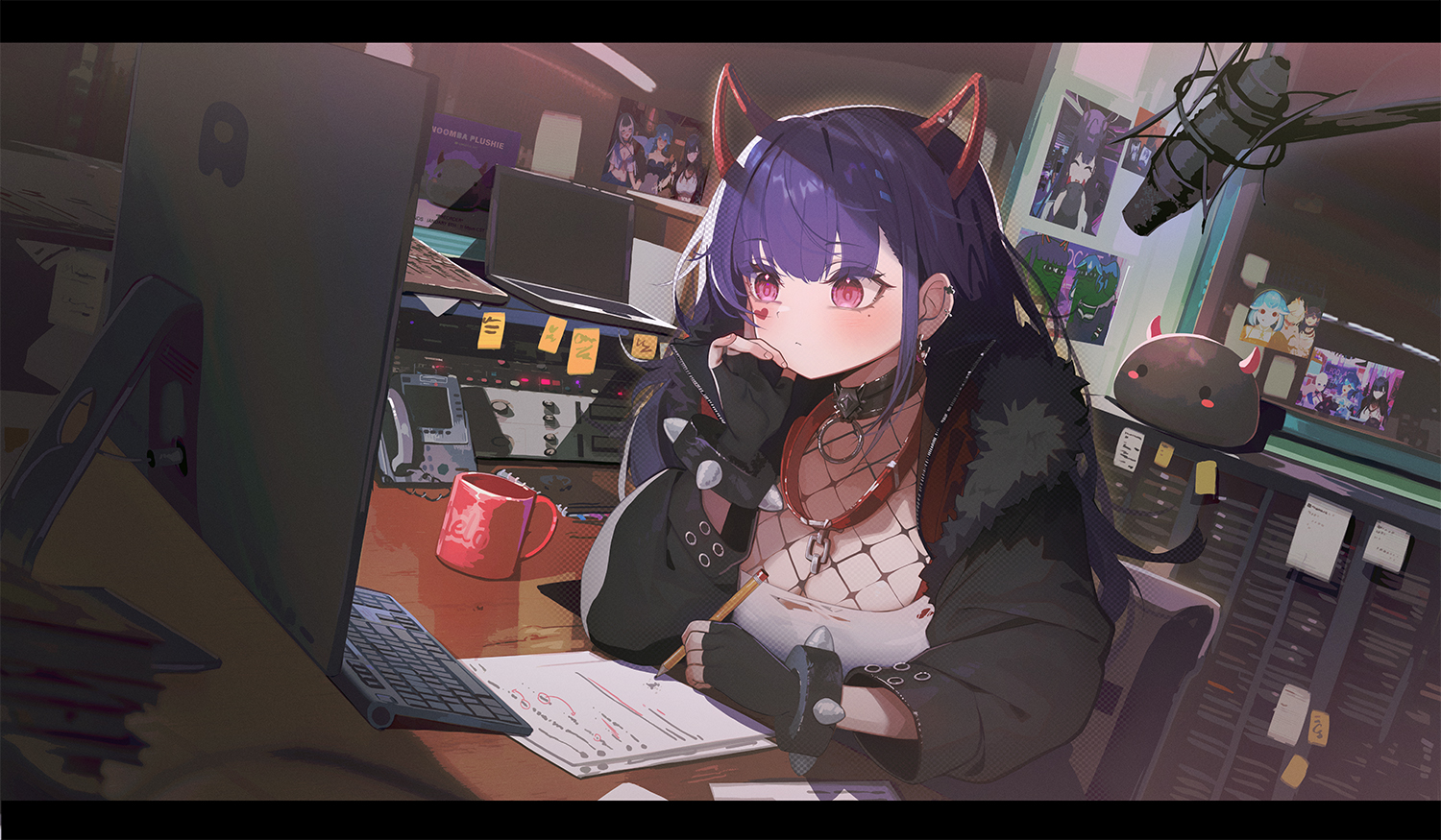 1girl akuma_nihmune akuma_nihmune_(demon_past) bao_(vtuber) bao_(vtuber)_(5th_costume) black_bra black_collar black_gloves black_jacket blush bra bracelet breasts coffee_mug collar computer cup daikazoku63 demon_horns fingerless_gloves fishnet_top fishnets fur-trimmed_jacket fur_trim gloves holding holding_pencil horns indie_virtual_youtuber jacket jewelry computer_keyboard laptop large_breasts long_hair microphone mole mole_under_eye mug paper pencil purple_hair red_eyes sanagi_yuzu shirt shylily shylily_(1st_costume) spiked_bracelet spikes underwear virtual_youtuber white_shirt