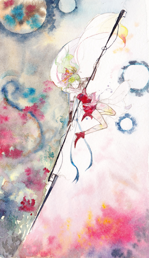 1990s_(style) 1girl alternate_costume amano_yoshitaka_(style) bad_id bad_pixiv_id bow cape detached_sleeves earrings elbow_gloves female_focus final_fantasy final_fantasy_vi gloves green_hair hair_ribbon jewelry long_hair niko_(silent.whitesnow) pantyhose ponytail retro_artstyle ribbon solo tina_branford weapon wings
