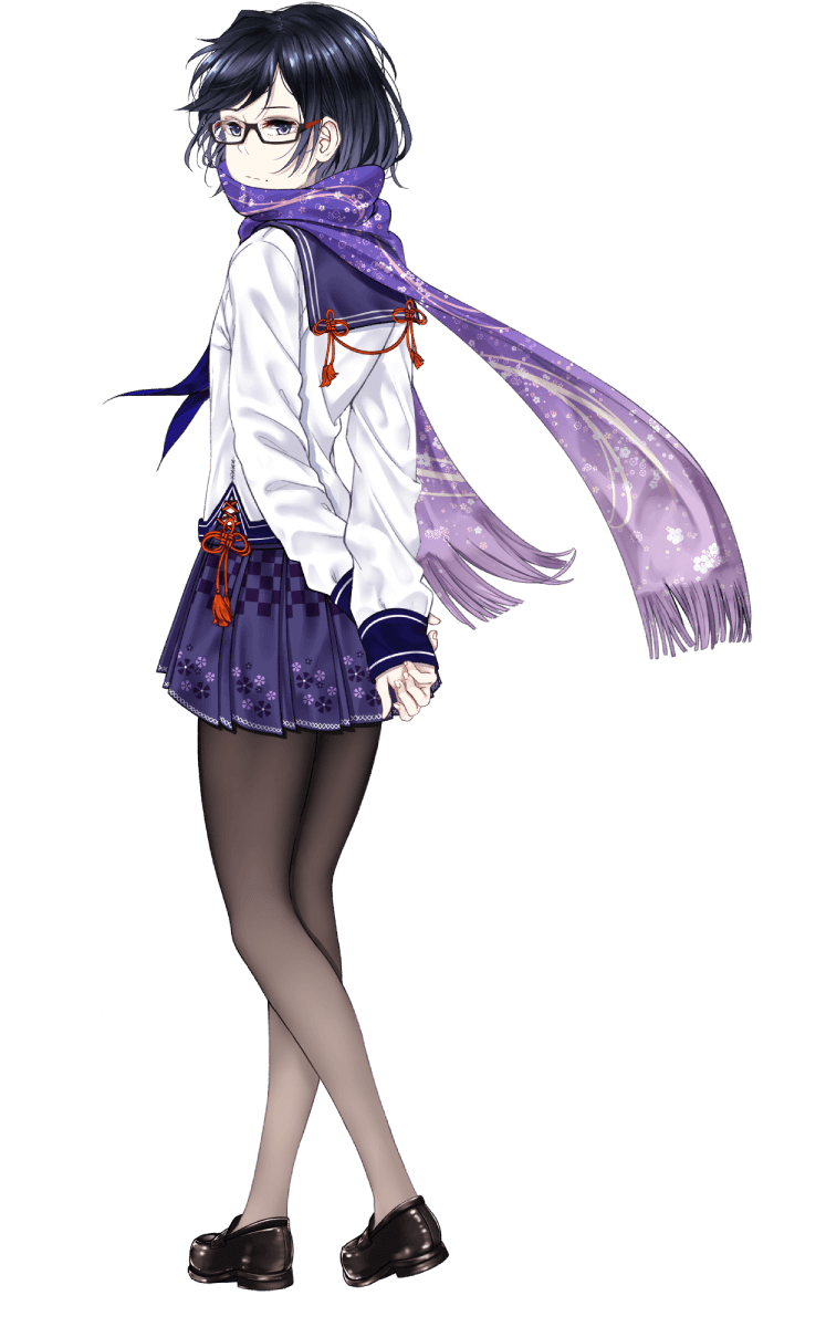 1girl black-framed_eyewear black_hair black_pantyhose black_shoes blue_sailor_collar floral_print floral_print_scarf floral_print_skirt full_body glasses highres long_sleeves looking_at_viewer official_art onsen_musume pantyhose pleated_skirt print_skirt purple_eyes purple_scarf purple_skirt sailor_collar saitou_(lynx-shrike) scarf shirt shoes simple_background skirt sleeves_past_wrists solo tassel toyako_nonno transparent_background white_shirt