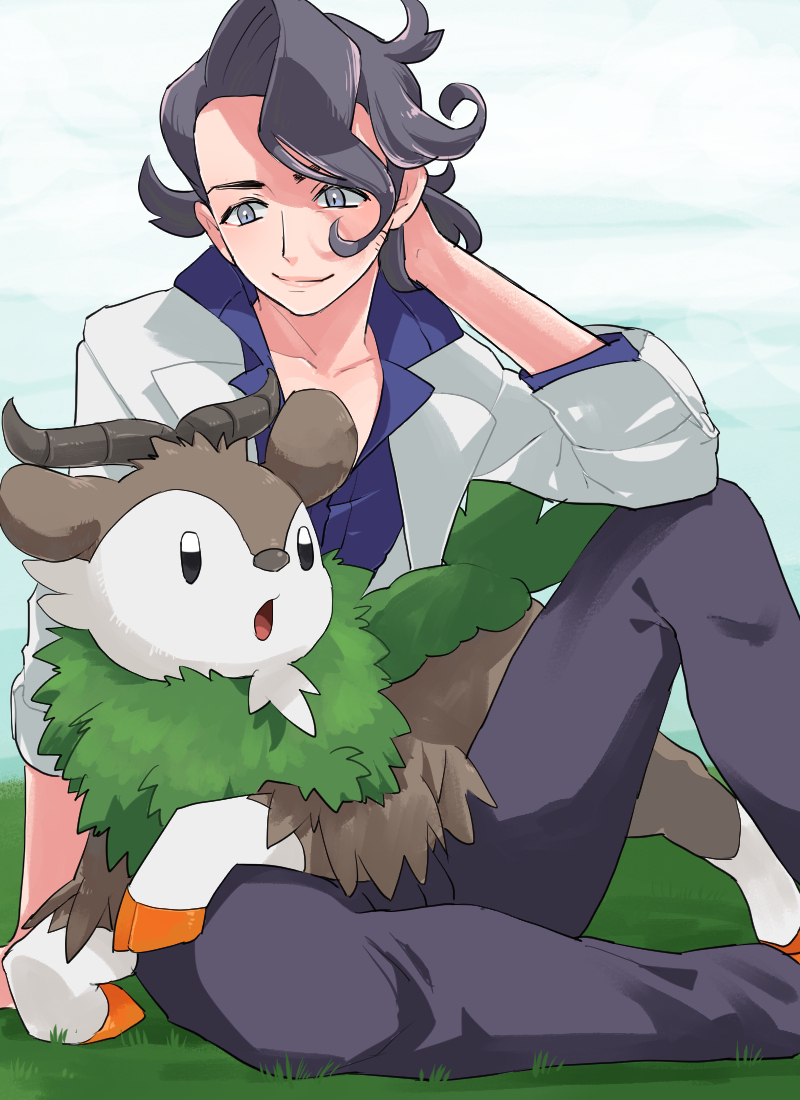 1boy black_hair black_pants blue_shirt closed_mouth coat collarbone commentary_request gen_6_pokemon gogoat grass grey_eyes knee_up male_focus miyawaki nintendo on_lap open_mouth outdoors pants pokemon pokemon_(creature) pokemon_on_lap pokemon_xy professor_sycamore shirt sitting white_coat
