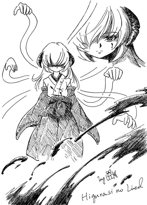 blood crossover detached_sleeves elfen_lied greyscale hanyuu higurashi_no_naku_koro_ni horns japanese_clothes long_hair miko monochrome orange541 parody vectors