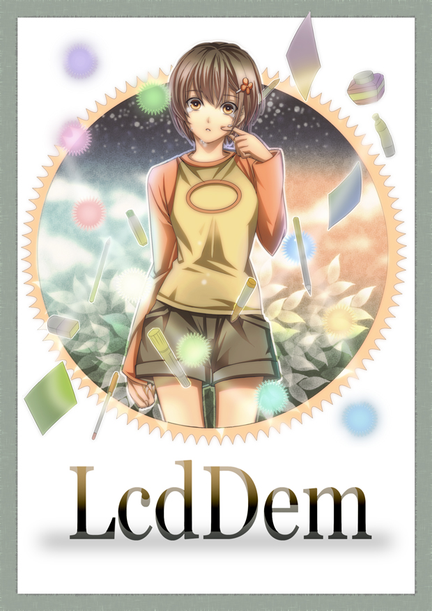 1girl bad_id bad_pixiv_id blush brown_eyes brown_hair chie_(lcddem) copyright_name eraser female_focus hair_ornament hairclip lcddem looking_at_viewer olmatown paper parted_lips pen pencil short_hair solo