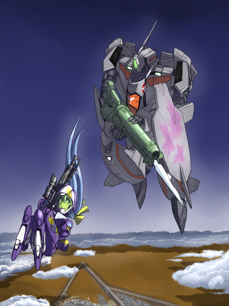 1990s_(style) 1boy 1girl alien armor bayonet blush cloud couple falling freefall giant giantess gotcha gun gunpod helmet hetero inui&#039;s_meltran inui_(jt1116) long_hair macross macross_plus mecha meltrandi paint paint_splatter retro_artstyle rifle robot science_fiction shield size_difference sky tears training u.n._spacy vf-11 weapon zentradi