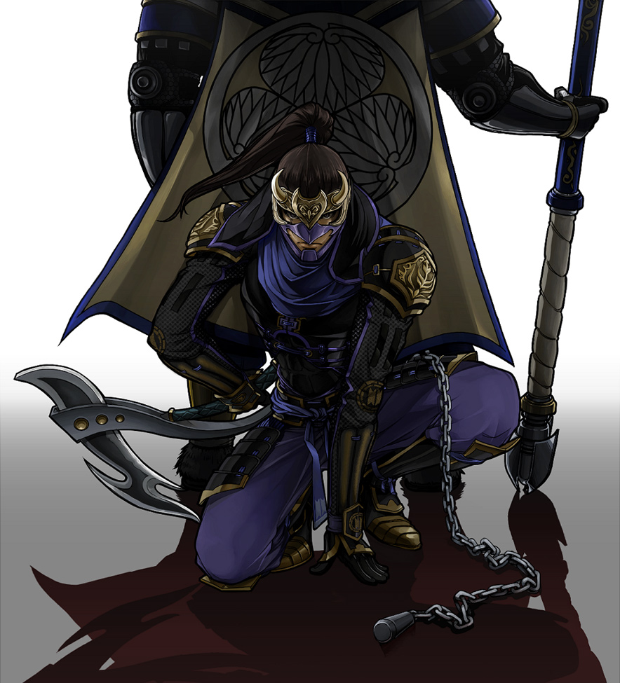 armor brown_hair cape chain hattori_hanzo mask ninja polearm ponytail scythe sengoku_musou shadow spear tokugawa_ieyasu weapon