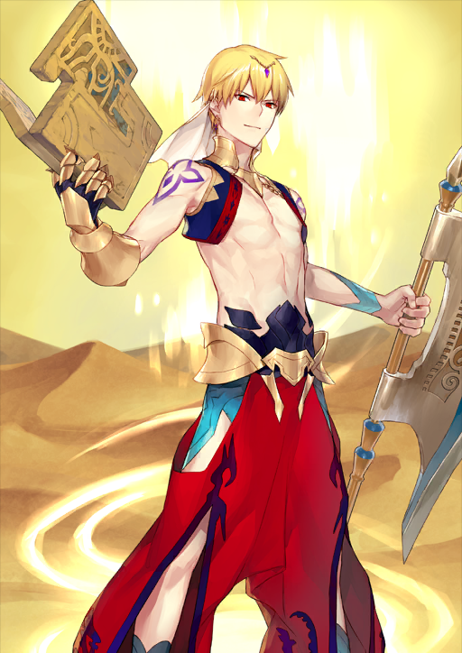 1boy arabian_clothes armor axe bare_shoulders battle_axe blonde_hair blue_vest book chain closed_mouth clothing_cutout cropped_vest desert dingir_(fate) double-parted_bangs earrings fate/grand_order fate_(series) feet_out_of_frame gauntlets gem gilgamesh gilgamesh_(caster)_(fate) gilgamesh_(fate) ginka_sima gold_armor gold_collar hair_between_eyes hair_ornament hand_up hip_vent holding holding_axe holding_book jewelry legs_apart looking_at_viewer male_focus no_shirt official_art open_clothes open_vest outstretched_arms pants puffy_pants purple_gemstone red_eyes red_pants sand short_hair shoulder_tattoo single_gauntlet smile solo standing tattoo third-party_source toned toned_male variant_set veil vest weapon white_veil yellow_background