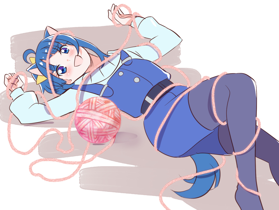 1girl ahoge animal_ears belt black_belt black_pantyhose blue_eyes blue_hair blue_overalls blue_sweater blush bow hair_bow hirogaru_sky!_precure long_sleeves medium_hair mitumi_mira open_mouth overalls pantyhose precure side_ponytail single_sidelock smile solo sora_harewataru sweater tail wolf_ears wolf_tail yarn yarn_ball yellow_bow