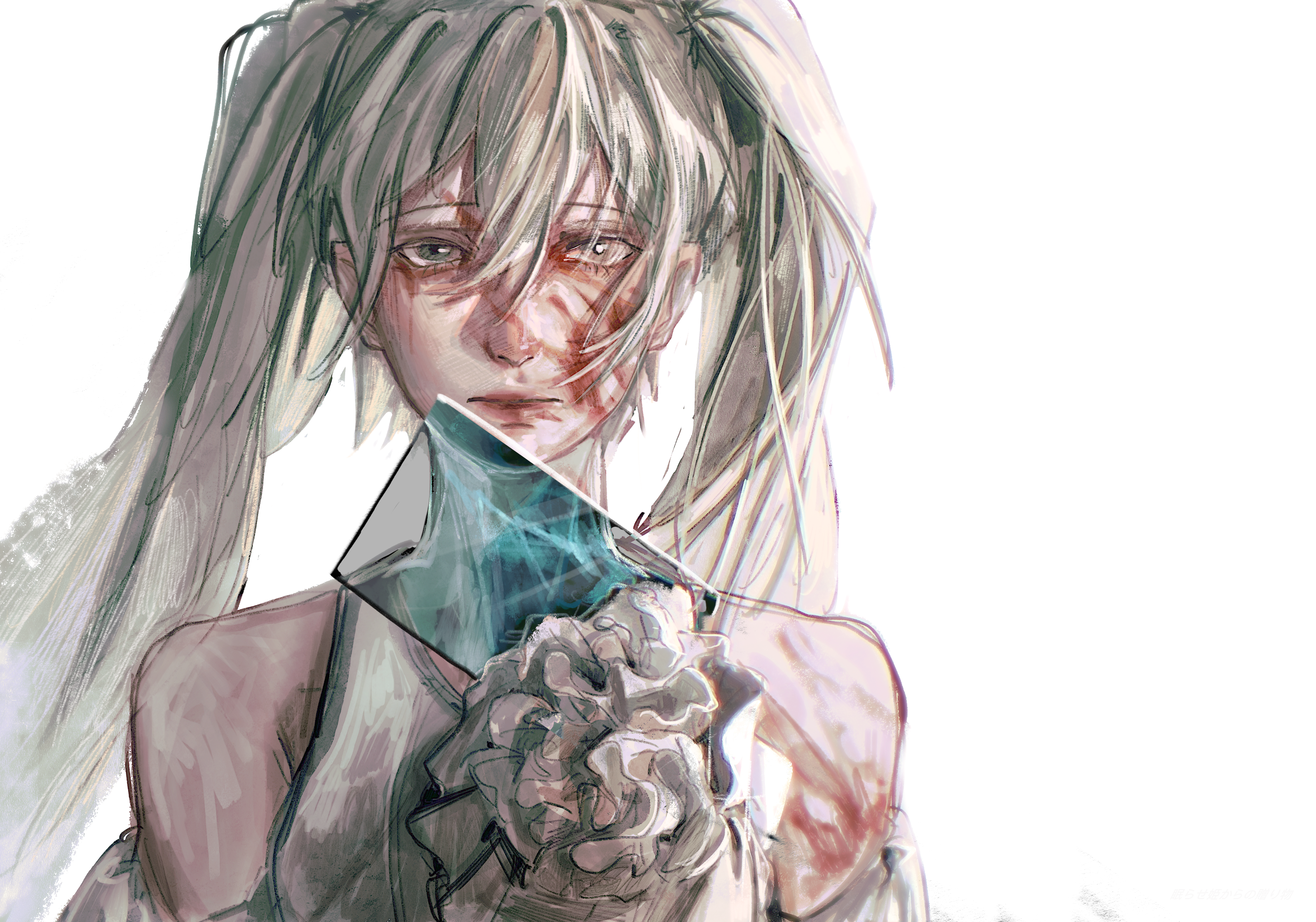 absurdres aqua_dress aqua_eyes aqua_hair bag_under_clothes bare_shoulders blood blood_on_arm blood_on_face clothing_cutout dress dress_flower entronyar evillious_nendaiki faux_traditional_media flower glass_shards hair_between_eyes half-closed_eyes hatsune_miku highres long_hair looking_at_viewer margarita_blankenheim nemurase_hime_kara_no_okurimono_(vocaloid) parted_lips realistic rose sad shoulder_cutout twintails very_long_hair vocaloid white_flower white_rose
