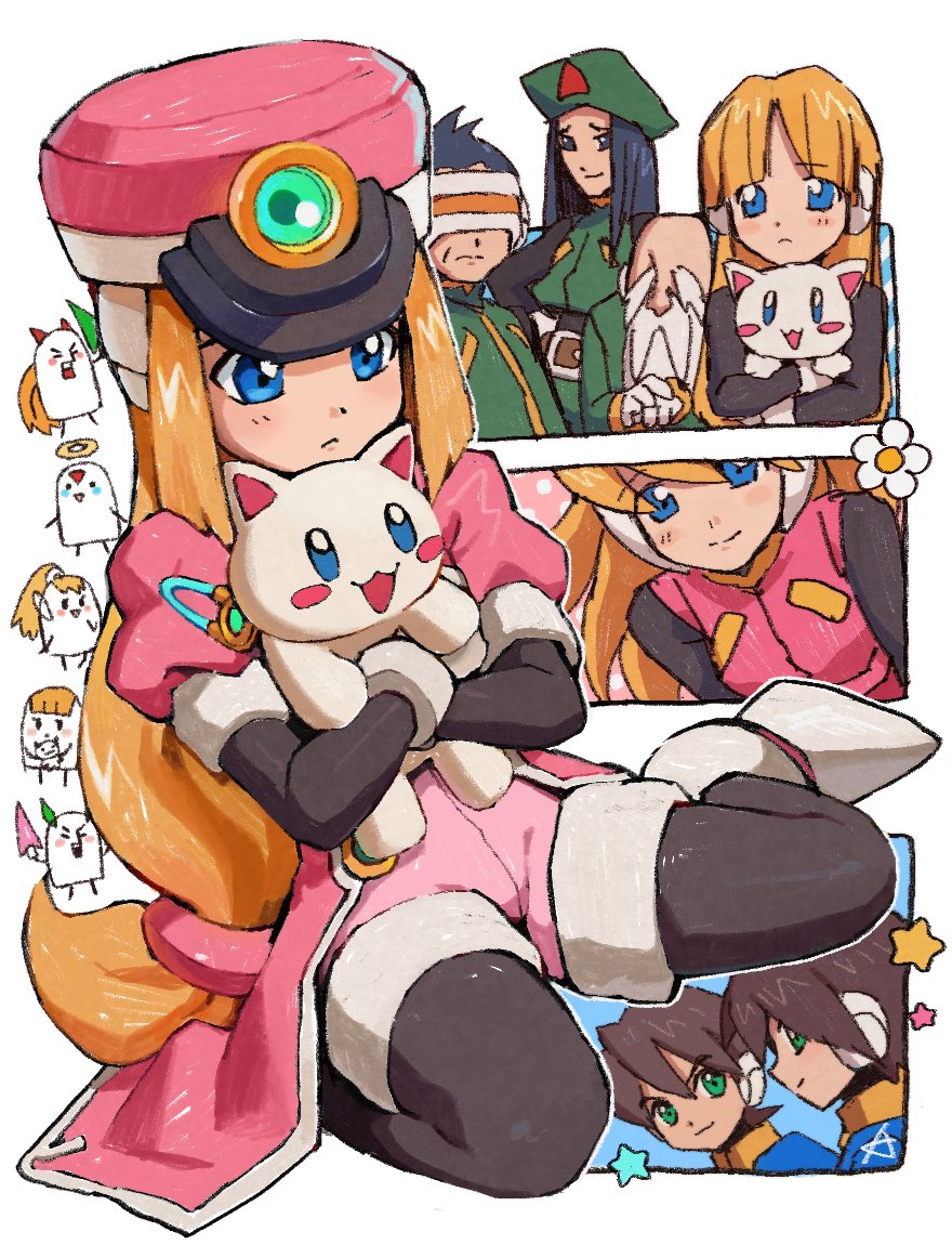 4boys 4girls aile_(mega_man_zx) alouette_(mega_man) blonde_hair blue_eyes brown_hair ciel_(mega_man) coat green_eyes hat holding holding_stuffed_toy karen_(karenoni1031) long_hair mega_man_(series) mega_man_zero_(series) mega_man_zx multiple_boys multiple_girls pink_coat pink_hat prairie_(mega_man) robot_ears shako_cap short_hair solo_focus stuffed_animal stuffed_cat stuffed_toy vent_(mega_man)