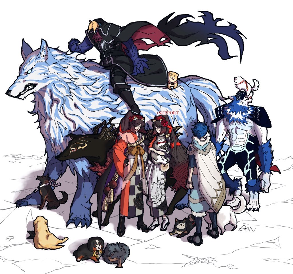 2girls 3boys animal animalization black_cloak black_hair blindfold blue_hair bracelet capelet child cloak closed_eyes cu_chulainn_(fate) cu_chulainn_(prisma_illya) dog fate/grand_order fate_(series) full_body fur-trimmed_capelet fur_trim german_shepherd golden_retriever grey_kimono headless hessian_(fate) holding holding_animal holding_dog hood hood_down hooded_capelet japanese_clothes jewelry kimono kyokutei_bakin_(fate) kyokutei_bakin_(first_ascension)_(fate) kyokutei_bakin_(second_ascension)_(fate) lobo_(fate) long_hair long_sleeves multicolored_kimono multiple_boys multiple_dogs multiple_girls okada_izou_(fate) oversized_animal puffy_pants puppy samoyed_(dog) setanta_(fate) simple_background syuugou_11 too_many too_many_dogs welsh_corgi werewolf white_background white_dog wolf