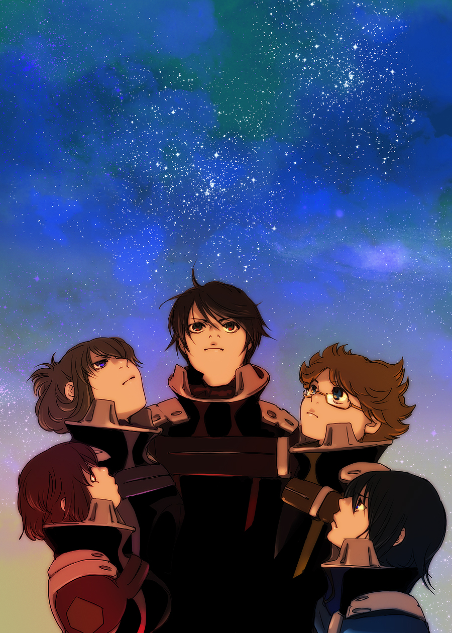 10s 2girls 3boys asagi_toshikazu bad_id bad_pixiv_id bodysuit el2 glasses highres hitachi_izuru irie_tamaki kugimiya_kei long_hair majestic_prince multiple_boys multiple_girls red_eyes short_hair sky star_(sky) suruga_ataru