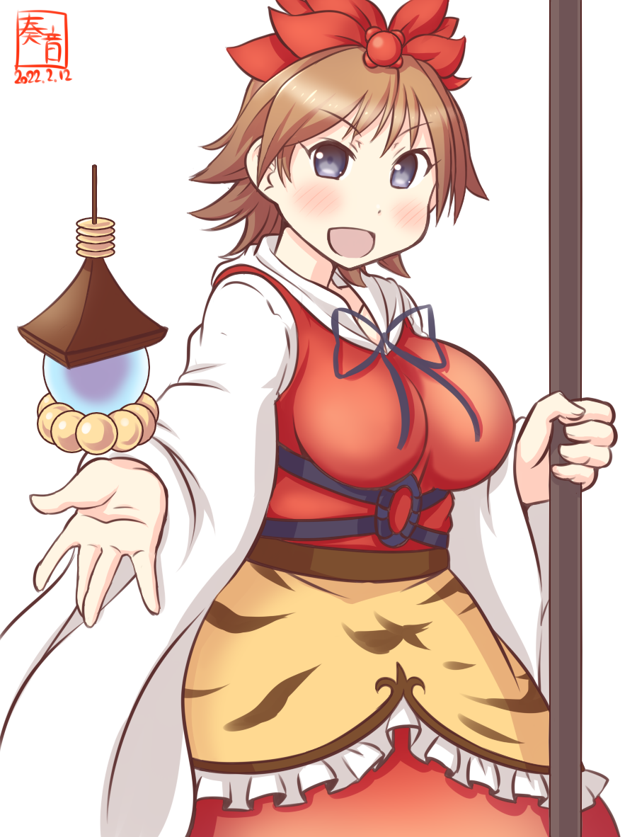 1girl artist_logo bishamonten&#039;s_pagoda bishamonten&#039;s_spear breasts commentary_request cosplay cowboy_shot dated dress flipped_hair hair_ornament hiei_(kancolle) kanon_(kurogane_knights) kantai_collection large_breasts logo one-hour_drawing_challenge purple_eyes red_dress short_hair simple_background solo toramaru_shou toramaru_shou_(cosplay) touhou white_background