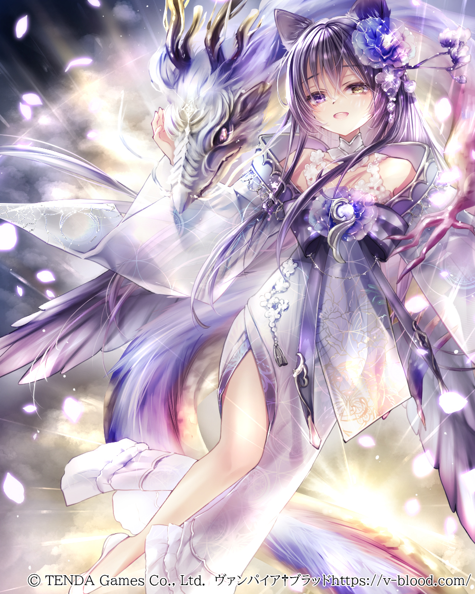 1girl animal_ears bare_shoulders black_flower black_hair black_wings cat_ears cat_girl cat_tail commentary_request copyright_name copyright_notice dragon dress eastern_dragon feathered_wings flower foot_out_of_frame hair_between_eyes hair_flower hair_ornament hane_segawa heterochromia highres japanese_clothes kimono kitty_florence long_hair long_sleeves looking_at_viewer open_mouth purple_eyes shoes side_slit tail vampire_blood white_kimono white_shoes wide_sleeves wings yellow_eyes