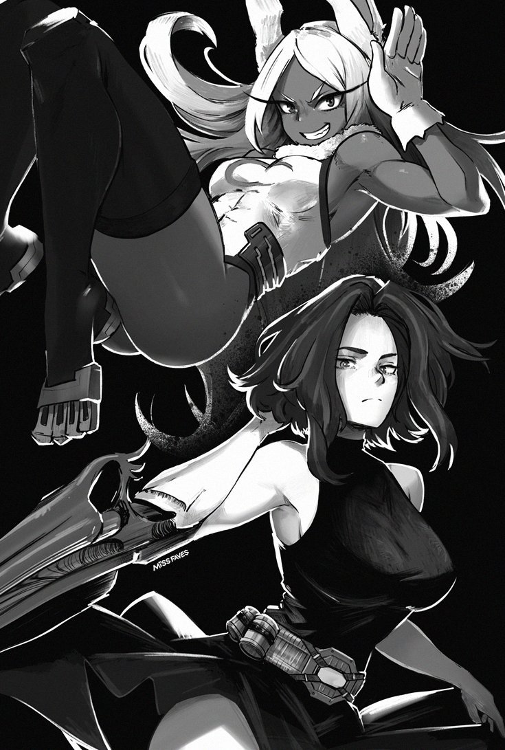 2girls animal_ears armpits artist_name ass belt boku_no_hero_academia breasts gloves grin lady_nagant large_breasts leotard long_eyelashes long_hair medium_breasts mirko miss_faves monochrome multicolored_hair multiple_girls muscular muscular_female prosthetic_weapon rabbit_ears rabbit_girl short_hair sleeveless sleeveless_turtleneck_dress smile superhero_costume thick_thighs thighhighs thighs two-tone_hair utility_belt white_leotard