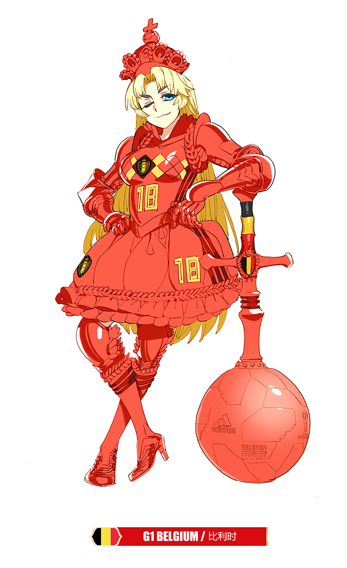 1girl 2018_fifa_world_cup adidas aged_up armor armored_boots armored_dress belgian_flag belgium blue_eyes boots breastplate breasts crossed_legs crown dress female_focus full_body gauntlets hair_intakes high_heels leaning_on_weapon long_hair looking_at_viewer mace medium_breasts one_eye_closed red_dress simple_background smirk soccer solo standing thick_eyebrows weapon white_background world_cup yu_yanshu