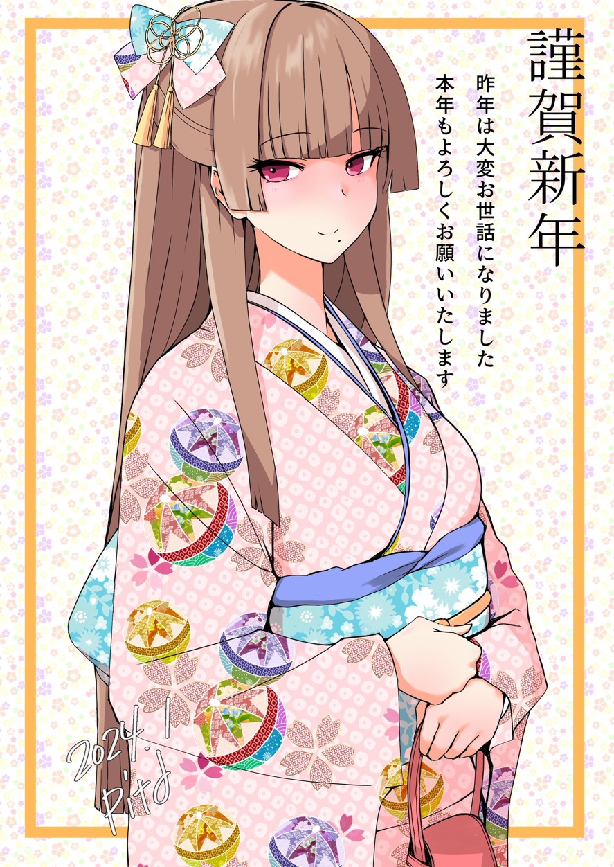 1girl artist_name azur_lane bow brown_hair closed_mouth dated floral_background floral_print hair_bow highres japanese_clothes kimono long_hair mole mole_under_eye p.i.t.d pink_bow pink_eyes pink_kimono smile solo swiftsure_(azur_lane) tassel translation_request