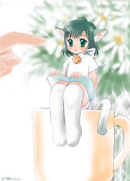 animal_ears bell blush bow cat_ears green_eyes green_hair mini_person minigirl ribbon shirt short_hair thighhighs tori white_shirt