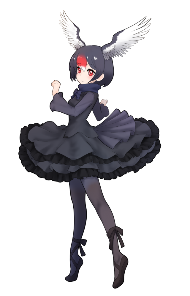 10s 1girl ankle_lace-up bird_wings black_dress black_hair black_pantyhose black_swan_(kemono_friends) bow bowtie dress female_focus frilled_dress frills full_body hair_between_eyes head_wings ise_(0425) kemono_friends long_sleeves looking_at_viewer multicolored_hair pantyhose red_eyes red_hair short_hair simple_background smile solo spread_wings standing tiptoes white_background white_hair wide_sleeves wings