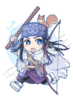 1girl ainu ainu_clothes animal animal_on_head asirpa bandana black_hair black_pants blue_bandana blue_eyes blush boots bow_(weapon) cape chibi commentary ear_piercing earrings full_body fur_cape golden_kamuy hoop_earrings inputanimeoutput jewelry long_hair long_sleeves looking_at_viewer lowres on_head open_mouth pants piercing running sample_watermark sheath solo sparkle squirrel transparent_background watermark weapon white_boots white_cape wide_sleeves