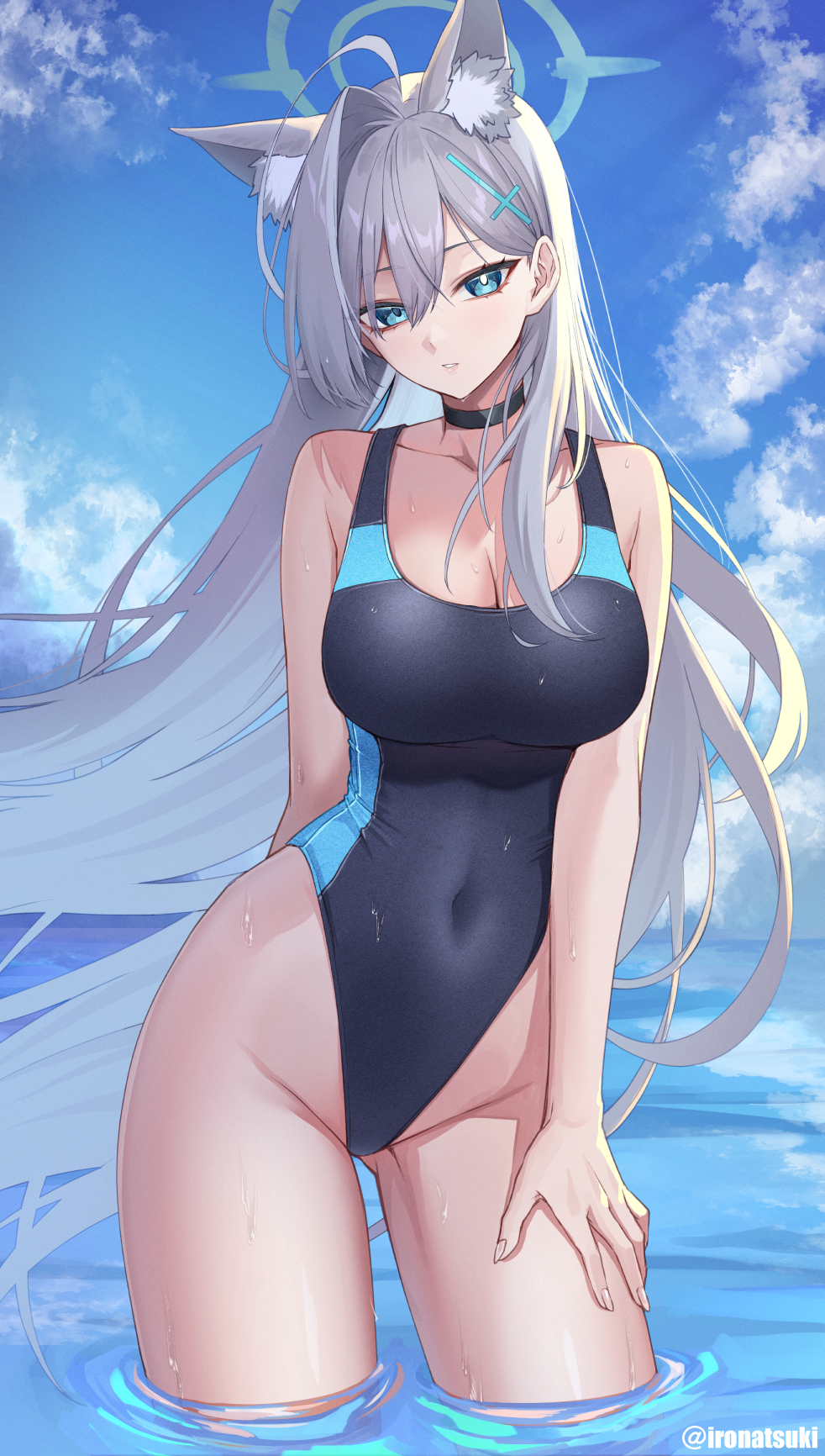 1girl animal_ear_fluff animal_ears bare_shoulders black_one-piece_swimsuit blue_archive blue_eyes blue_one-piece_swimsuit blue_sky blush breasts choker cleavage collarbone commentary covered_navel cross_hair_ornament extra_ears grey_hair hair_ornament halo highleg highleg_one-piece_swimsuit highres ironatsuki large_breasts long_hair looking_at_viewer multicolored_swimsuit one-piece_swimsuit shiroko_(blue_archive) shiroko_(swimsuit)_(blue_archive) shiroko_terror_(blue_archive) sidelocks sky solo swimsuit thighs wading water wet wolf_ears