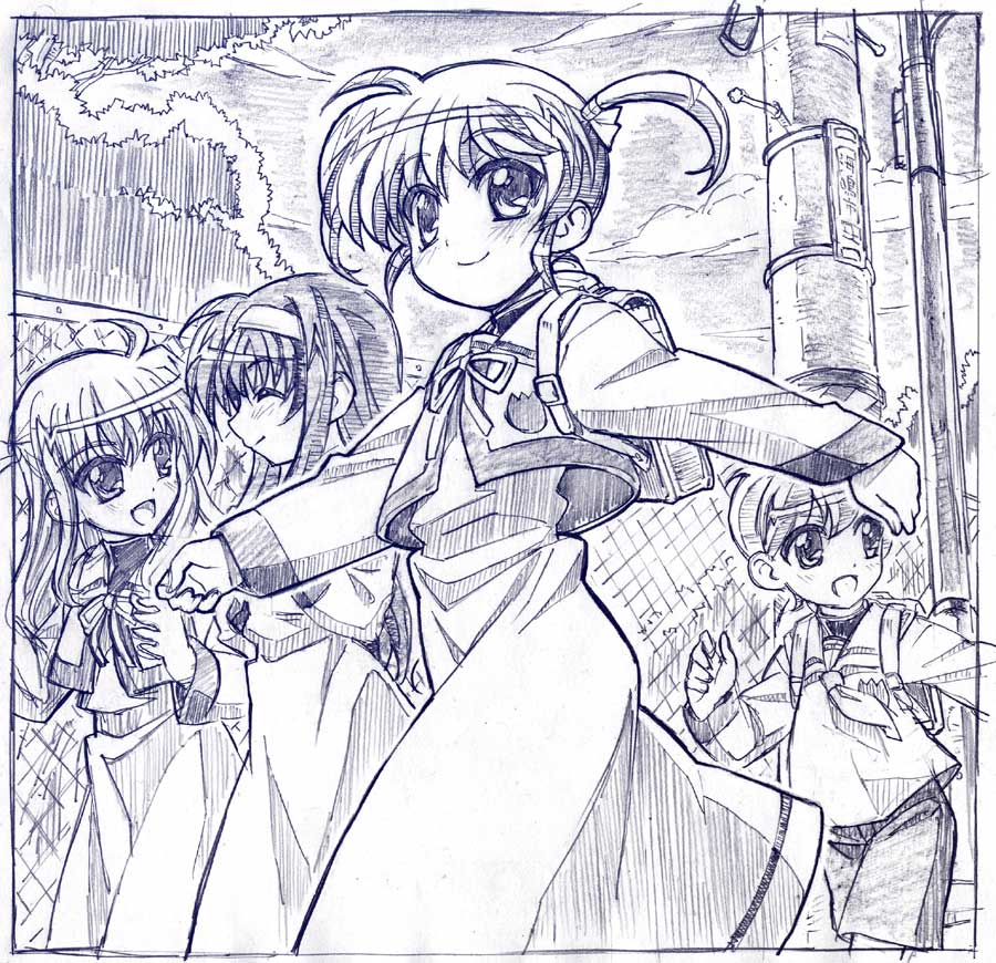 00s 1boy 3girls ahoge arisa_bunnings backpack bag blue_theme dress graphite_(medium) hairband long_hair lyrical_nanoha mahou_shoujo_lyrical_nanoha monochrome multiple_girls randoseru sakino_shingetsu school_uniform seishou_elementary_school_uniform short_twintails takamachi_nanoha traditional_media tsukimura_suzuka twintails