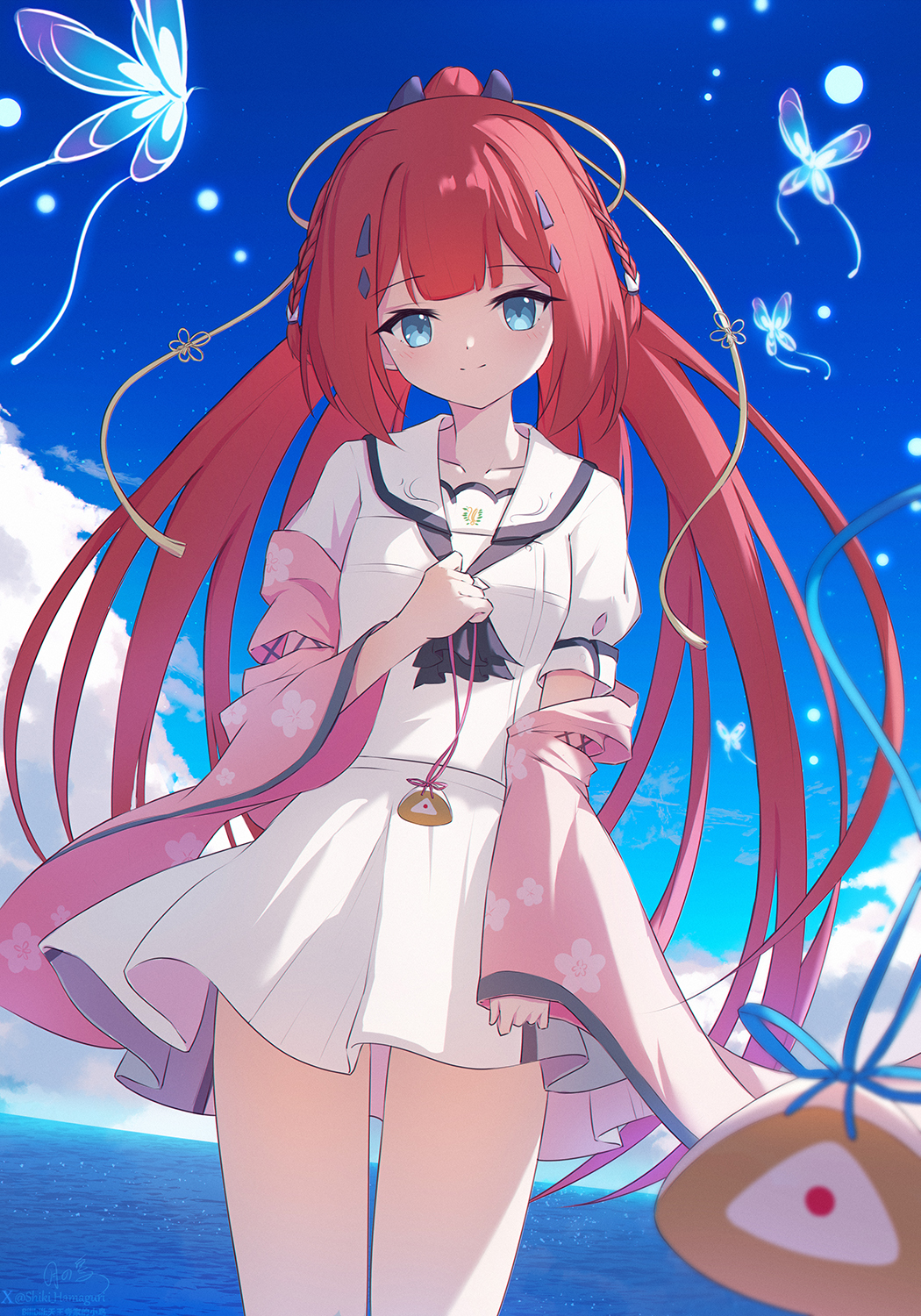 1girl arm_at_side ascot black_ascot blue_butterfly blue_eyes blue_sky blunt_bangs braid bug butterfly cherry_blossom_print clenched_hand closed_mouth commentary_request cowboy_shot day floating_hair floral_print floral_print_kimono glowing_butterfly hair_ornament hairclip hand_up highres insect japanese_clothes kamiyama_shiki kimono kimono_partially_removed long_hair long_sleeves looking_at_viewer miniskirt ocean open_clothes open_kimono outdoors pink_kimono ponytail print_kimono puffy_short_sleeves puffy_sleeves red_hair sailor_collar school_uniform serafuku shiki_hamaguri shirt short_sleeves sidelighting skirt sky smile solo split_mouth summer_pockets summer_pockets_school_uniform tassel tassel_hair_ornament twin_braids very_long_hair white_sailor_collar white_serafuku white_shirt white_skirt wide_sleeves