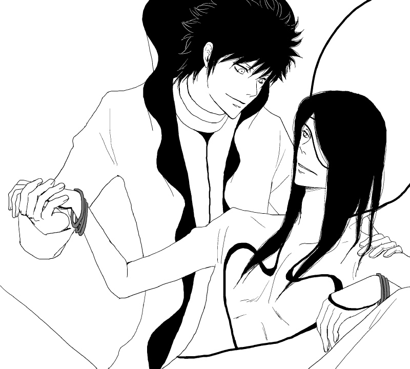2boys aaroniero_arruruerie arrancar bleach kaier_allgemeine male_focus monochrome multiple_boys nnoitra_gilga pixiv_sample shiba_kaien sketch yaoi