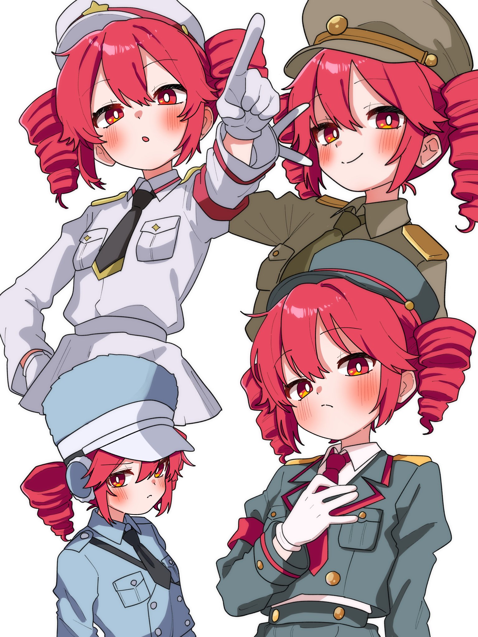 1girl alternate_costume armband black_necktie blush breast_pocket bright_pupils brown_hat brown_jacket brown_necktie buttons closed_mouth double-breasted drill_hair earmuffs epaulettes gloves grey_hat grey_jacket hat highres jacket kasane_teto long_sleeves looking_at_viewer military_uniform multiple_views necktie parted_lips peaked_cap pocket pointing red_armband red_eyes red_hair red_necktie shoulder_belt twin_drills upper_body utau v vvv_fnk white_gloves white_hat white_jacket white_pupils
