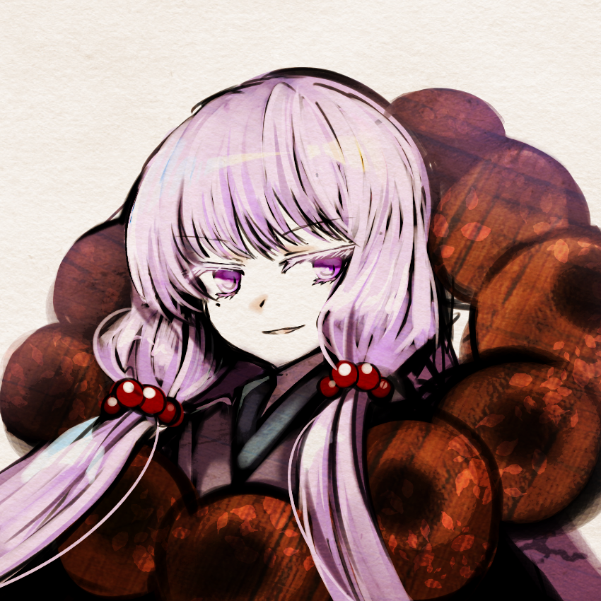 1girl anmita_(rarutos) beads brown_kimono colored_eyelashes hair_bobbles hair_ornament hollow_song_of_birds japanese_clothes kimono long_hair low_twintails mole mole_under_eye original portrait prayer_beads purple_eyes purple_hair simple_background smile solo tokujakubou_shiran touhou twintails white_background