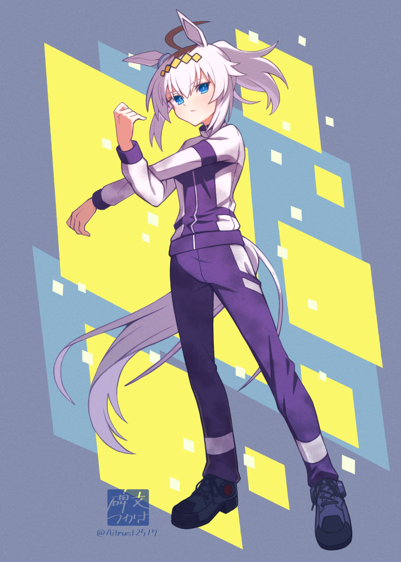 1girl ahoge animal_ears artist_logo blue_eyes blue_jacket blue_pants blue_shoes closed_mouth commentary ear_ornament frown full_body grey_hair hair_ornament hibun_tsukasa horse_ears horse_girl horse_tail jacket kasamatsu_tracen_training_uniform logo long_sleeves looking_at_viewer medium_hair oguri_cap_(umamusume) pants ponytail shoes solo standing stretching tail track_jacket track_pants twitter_username umamusume umamusume:_cinderella_gray