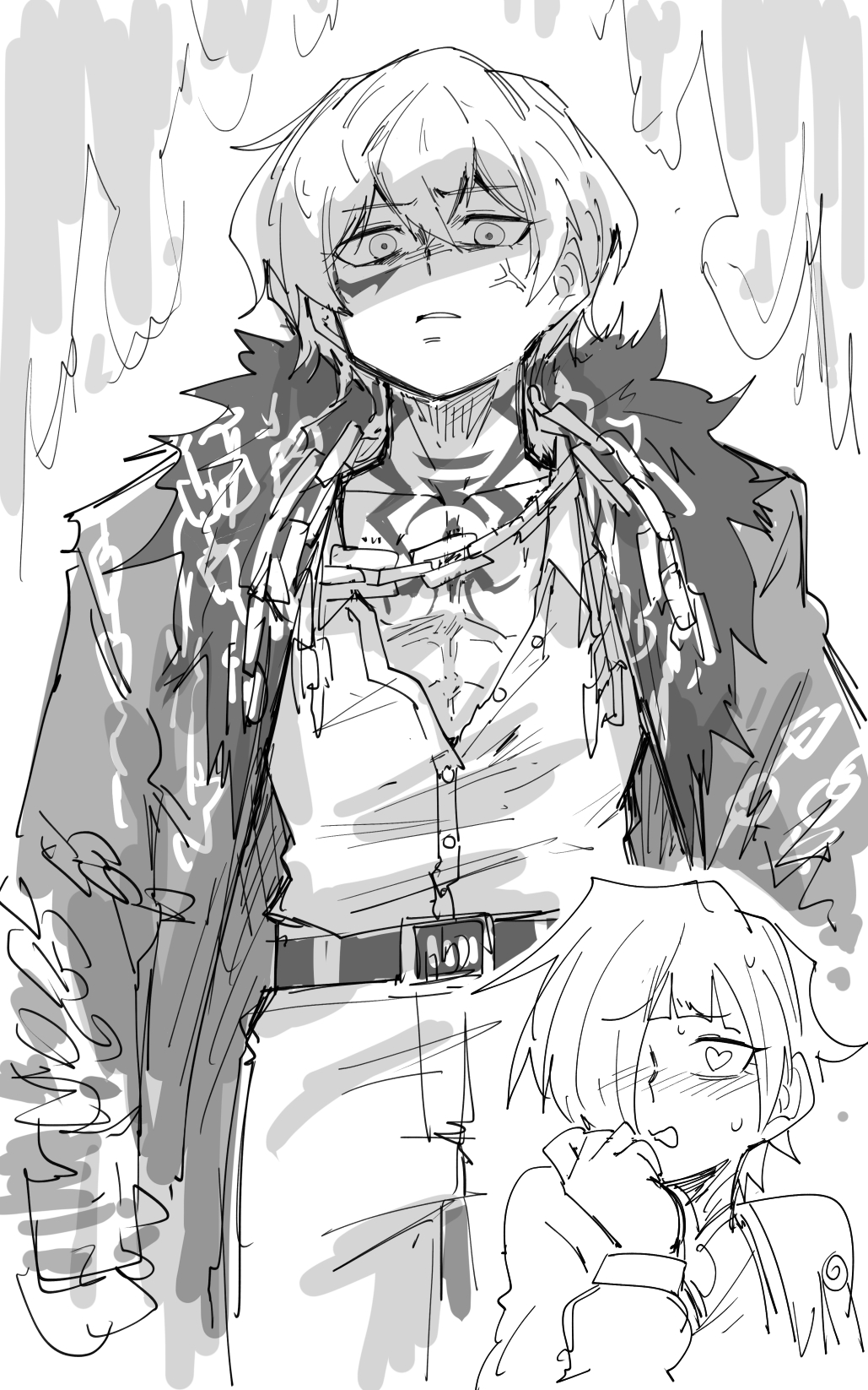 1boy 1girl alternate_costume anger_vein angry belt blush chain chest_tattoo coat fire fur_collar fur_trim greyscale hair_over_one_eye heart heart-shaped_pupils highres kankan33333 kromer_(project_moon) limbus_company long_sleeves looking_at_viewer monochrome official_alternate_costume open_clothes pectorals project_moon short_hair simple_background sinclair_(project_moon) sweat symbol-shaped_pupils tattoo white_background